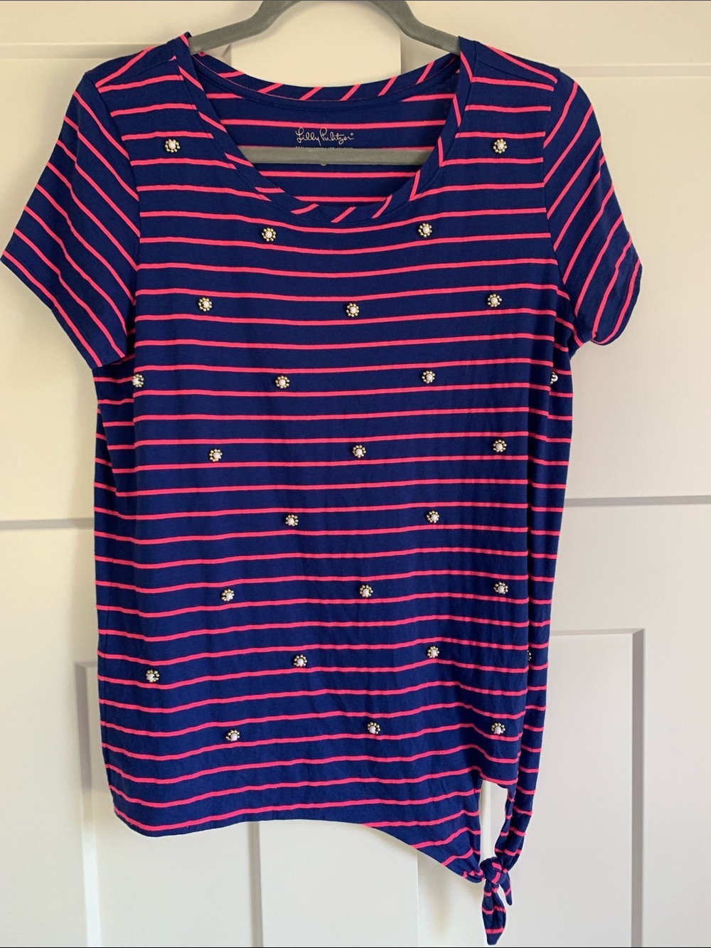 {Lilly Pulitzer} Navy & Hot Pink Striped Jewel-Knot Tee
